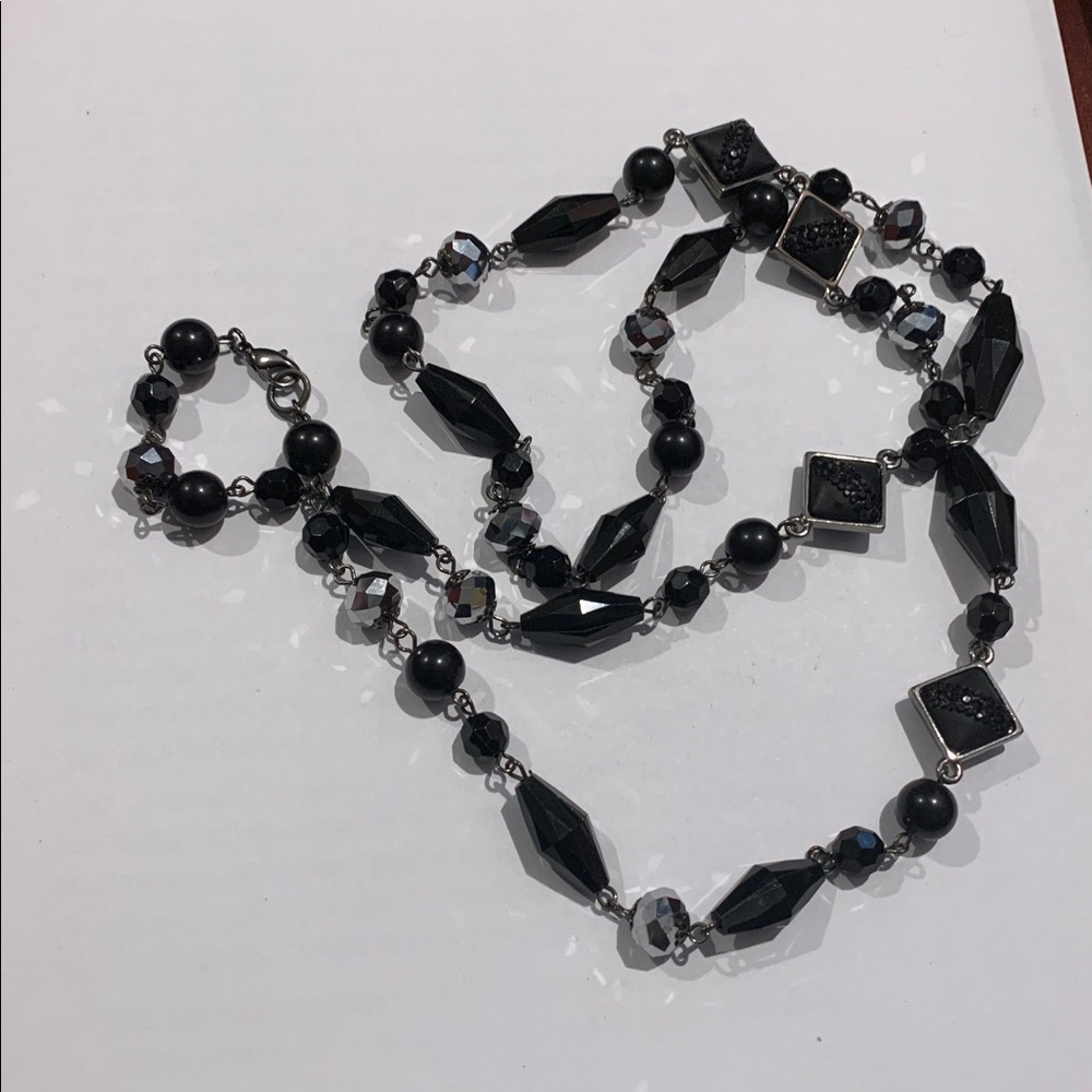 Metallic crystals, diamond shaped acrylic crystals, 34” necklace